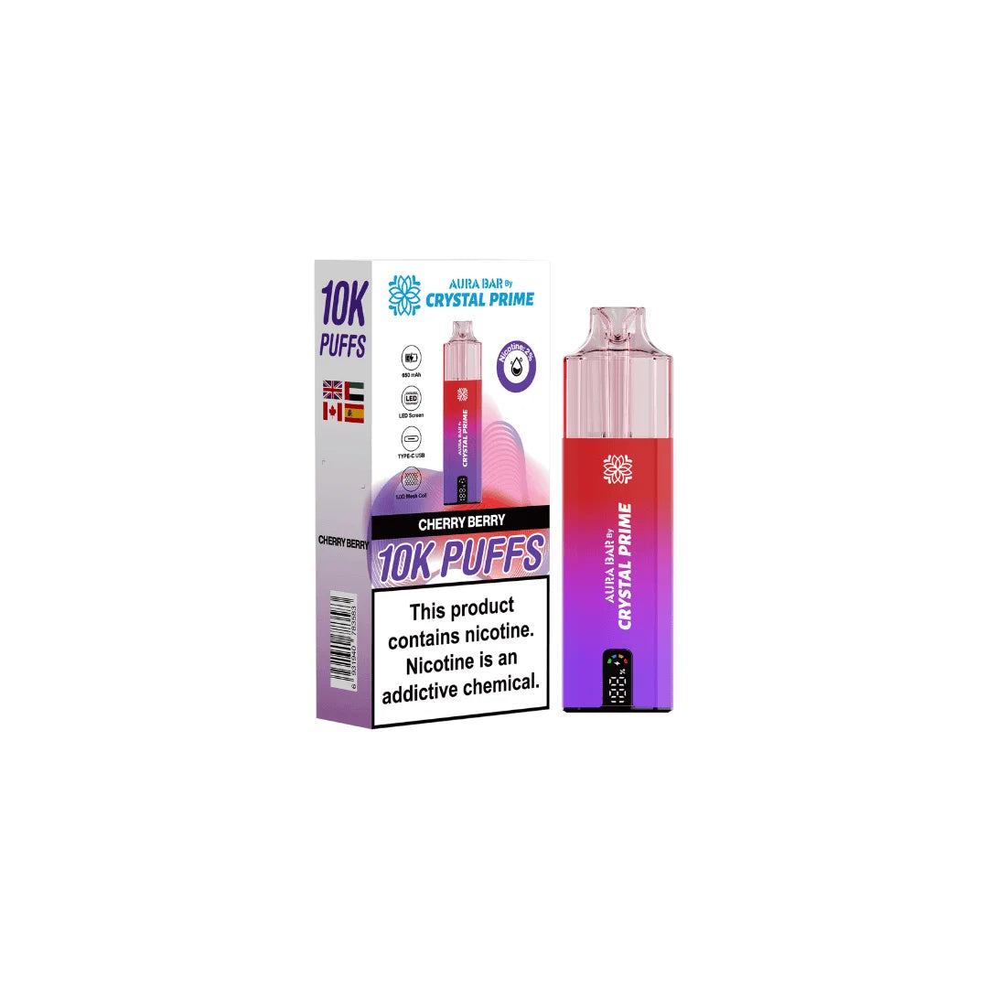 Cherry Berry Aura Bar Crystal Prime 10K Prefilled Pod Kit – long-lasting vape device with bold flavours and a sleek crystal-style design