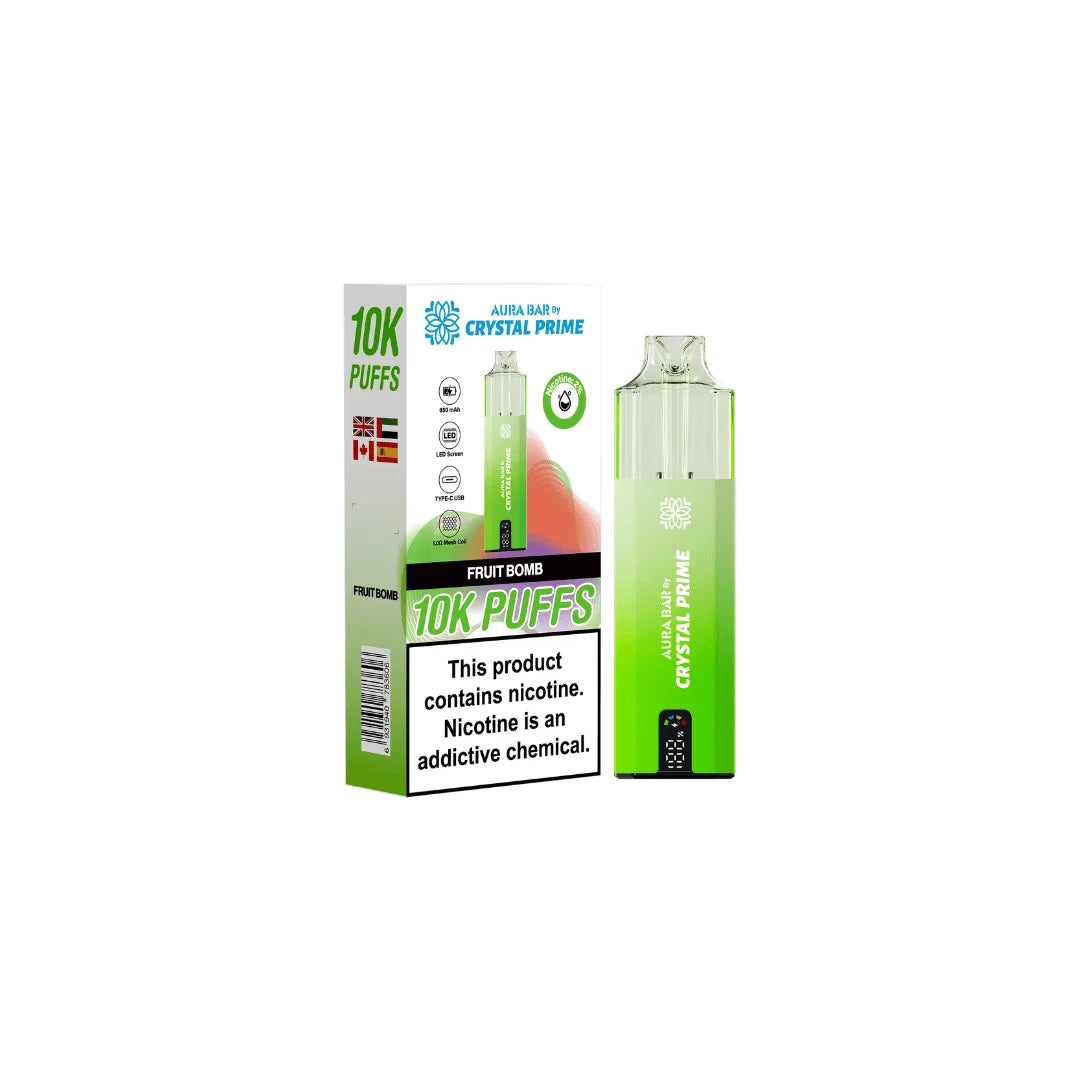 Fruit Bomb Aura Bar Crystal Prime 10K Prefilled Pod Kit – long-lasting vape device with bold flavours and a sleek crystal-style design