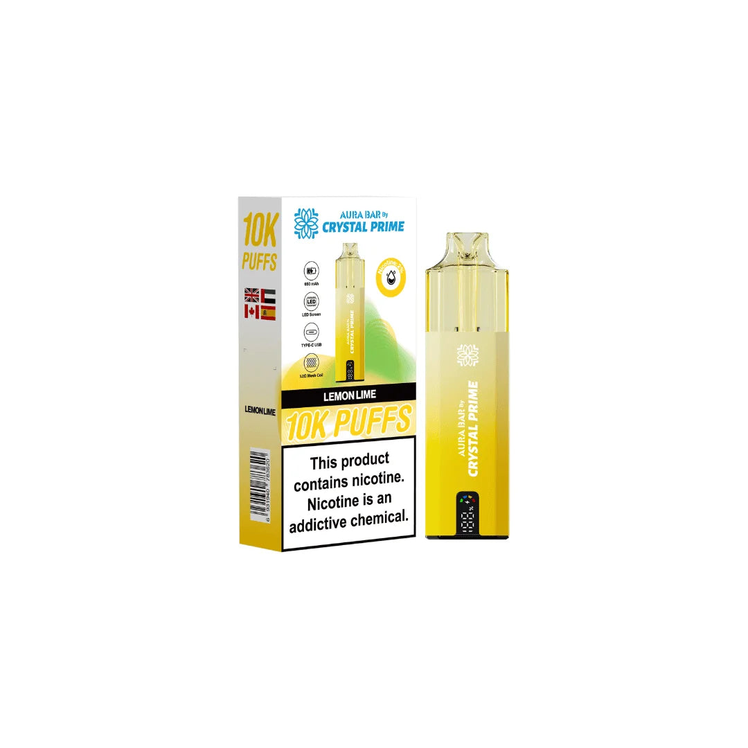 Lemon Lime Aura Bar Crystal Prime 10K Prefilled Pod Kit – long-lasting vape device with bold flavours and a sleek crystal-style design