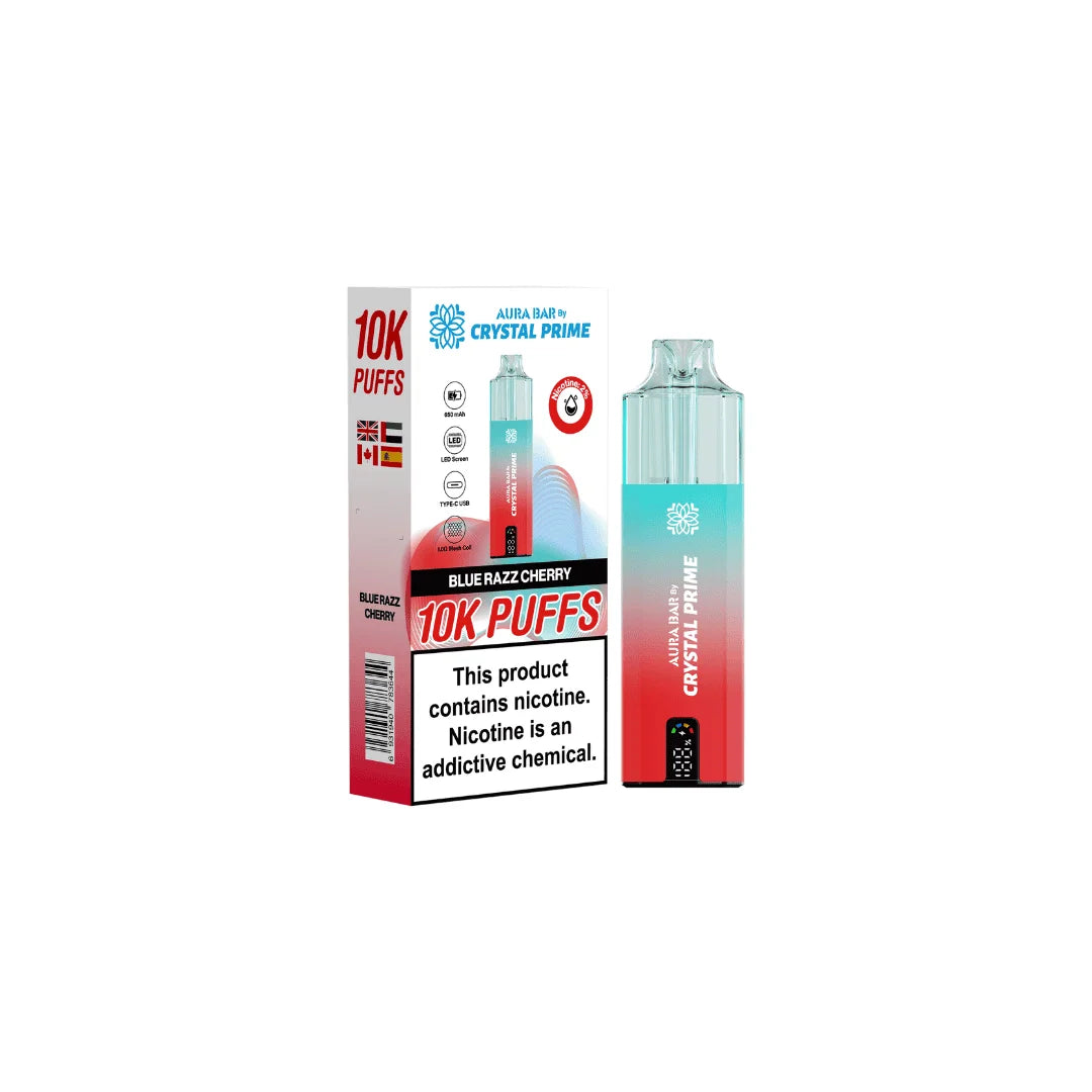 Blue Razz Cherry Aura Bar Crystal Prime 10K Prefilled Pod Kit – long-lasting vape device with bold flavours and a sleek crystal-style design