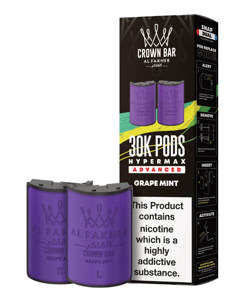 Al Fakher Hypermax 30K Prefilled Pods in Grape Mint flavour – premium vape pods offering bold flavours and long-lasting performance
