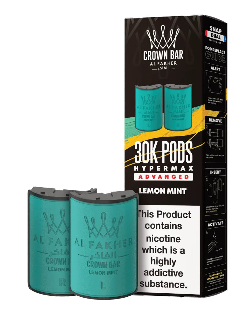 Al Fakher Hypermax 30K Prefilled Pods in Lemon Mint flavour – premium vape pods offering bold flavours and long-lasting performance