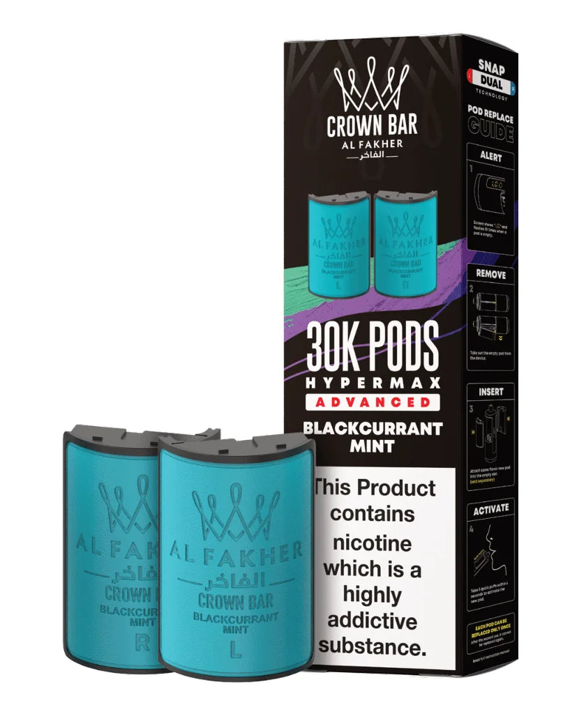 Al Fakher Hypermax 30K Prefilled Pods in Blackcurrant Mint flavour – premium vape pods offering bold flavours and long-lasting performance