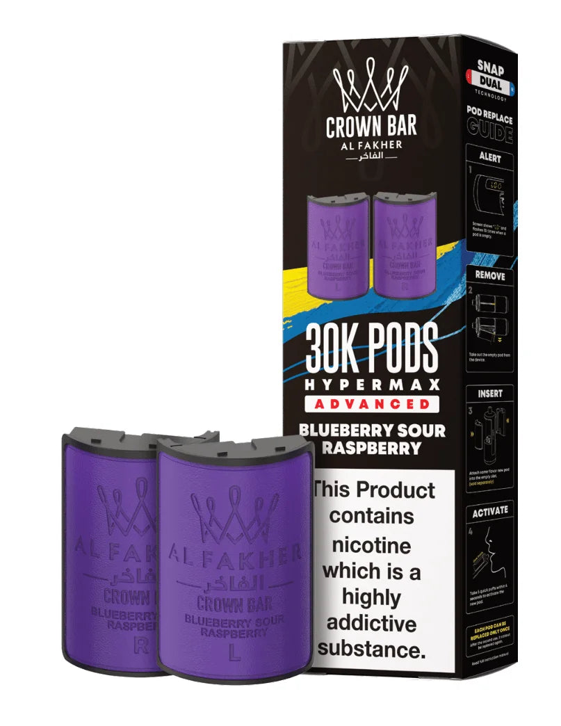 Al Fakher Hypermax 30K Prefilled Pods in Blueberry Sour Raspberry flavour – premium vape pods offering bold flavours and long-lasting performance