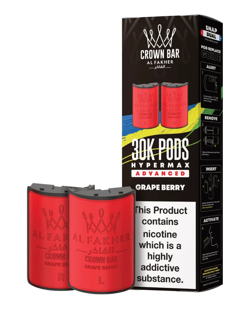 Al Fakher Hypermax 30K Prefilled Pods in Grape Berry flavour – premium vape pods offering bold flavours and long-lasting performance
