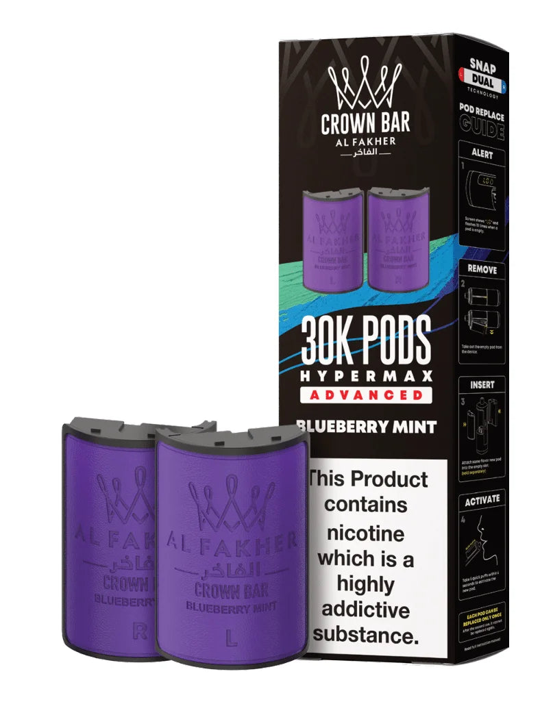 Al Fakher Hypermax 30K Prefilled Pods in Blueberry Mint flavour – premium vape pods offering bold flavours and long-lasting performance