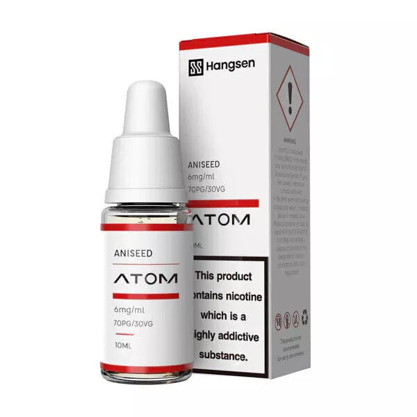 Aniseed Hangsen E-Liquid bottle and packaging, indicating a 70/30 PG/VG ratio and nicotine strengths of 6/12/18mg.