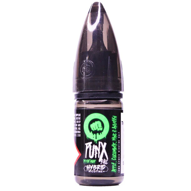 A bottle of Apple Crumble Mint Aniseed Riot Squad Punx Nic Salts featuring warm brown and apple-red packaging accented by mint-green and anise‑seed motif graphics, with prominent Punx branding, designed for nicotine salt vape devices.