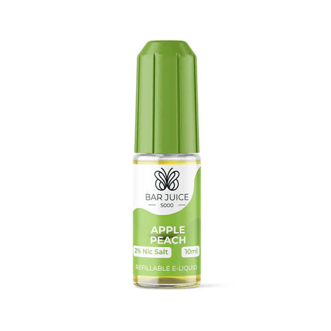 A product image showing a box and a bottle of Bar Juice 5000 Nic Salt Vape juice in Apple Peach flavor. The box is green and white with text, and the bottle is clear with a green label.