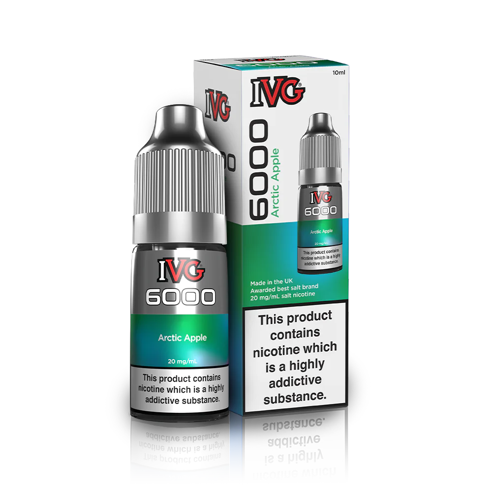 10ml bottle of IVG 6000 Nicotine Salt Vape Juice in Arctic Apple flavor, blending crisp green apple with an icy menthol twist; available in 10mg and 20mg strengths, featuring a smooth nic salt formula perfect for pod kits and mouth-to-lung vaping.