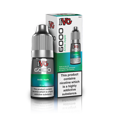 10ml bottle of IVG 6000 Nicotine Salt Vape Juice in Arctic Apple flavor, blending crisp green apple with an icy menthol twist; available in 10mg and 20mg strengths, featuring a smooth nic salt formula perfect for pod kits and mouth-to-lung vaping.