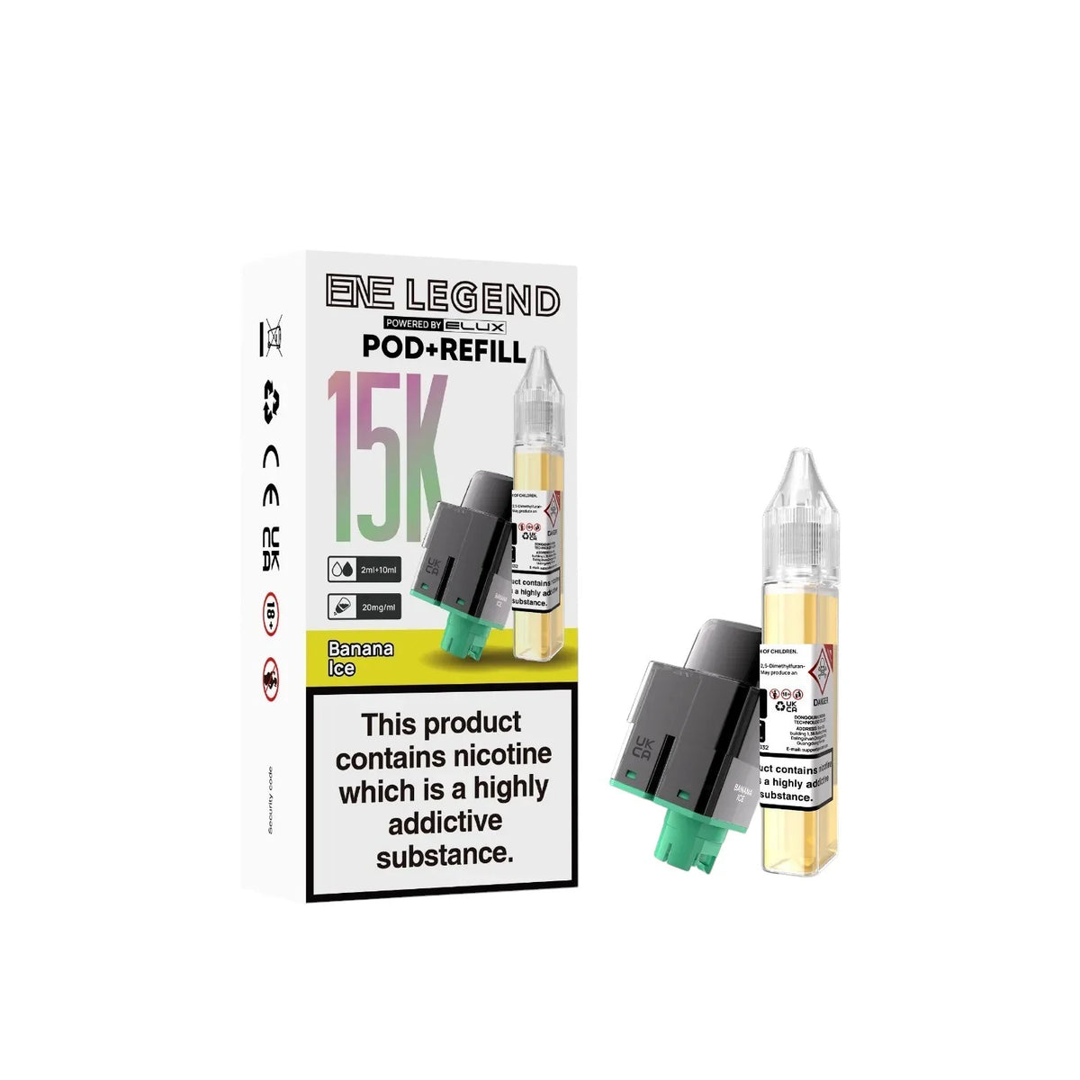 Elux ENE Legend 15K Prefilled Pods in Banana Ice – replacement prefilled pods with 2ml e-liquid capacity, delivering up to 15,000 puffs in sweet Banana Ice flavour.