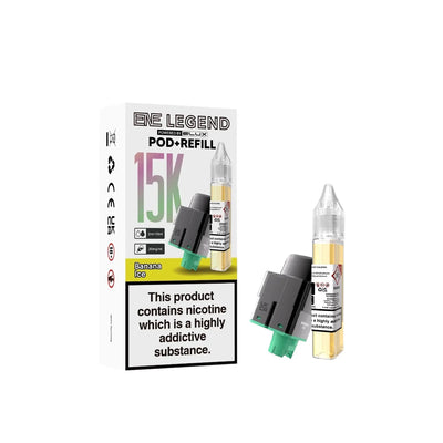 Elux ENE Legend 15K Prefilled Pods in Banana Ice – replacement prefilled pods with 2ml e-liquid capacity, delivering up to 15,000 puffs in sweet Banana Ice flavour.