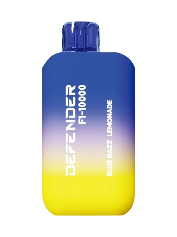 Defender F1-10000 Prefilled Pods in Blue Razz Lemonade flavor, featuring a gradient blue and yellow design with a transparent mouthpiece.