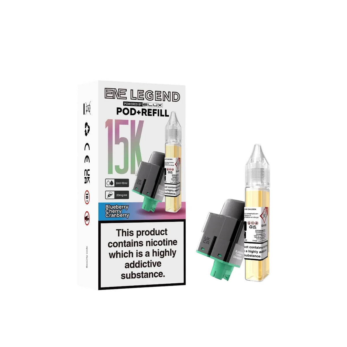 Elux ENE Legend 15K Prefilled Pods in Blueberry Cherry Cranberry – replacement prefilled pods with 2ml e-liquid capacity.