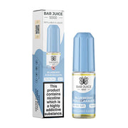 A product image showing a box and a bottle of Bar Juice 5000 Blueberry Pomegranate Nic Salt Vape juice. The box is predominantly white with blue accents, and the bottle is clear with a blue cap.