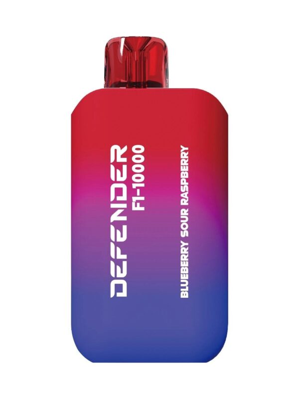 Defender F1-10000 Prefilled Pods in Blueberry Sour Raspberry flavor, featuring a gradient red and purple design with a transparent mouthpiece.