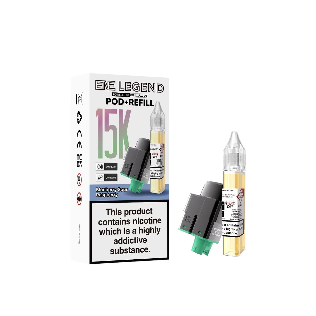Elux ENE Legend 15K Prefilled Pods in Blueberry Sour Raspberry – replacement prefilled pods with 2ml e-liquid capacity.