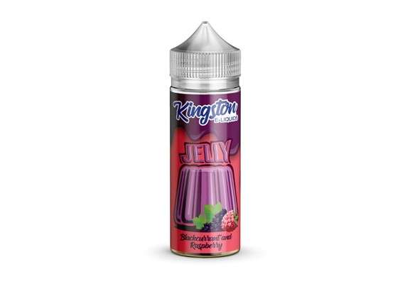 A bottle of Kingston Nicotine Free E Liquid with a label featuring purple and pink colors, indicating the Blackcurrant Raspberry flavor.