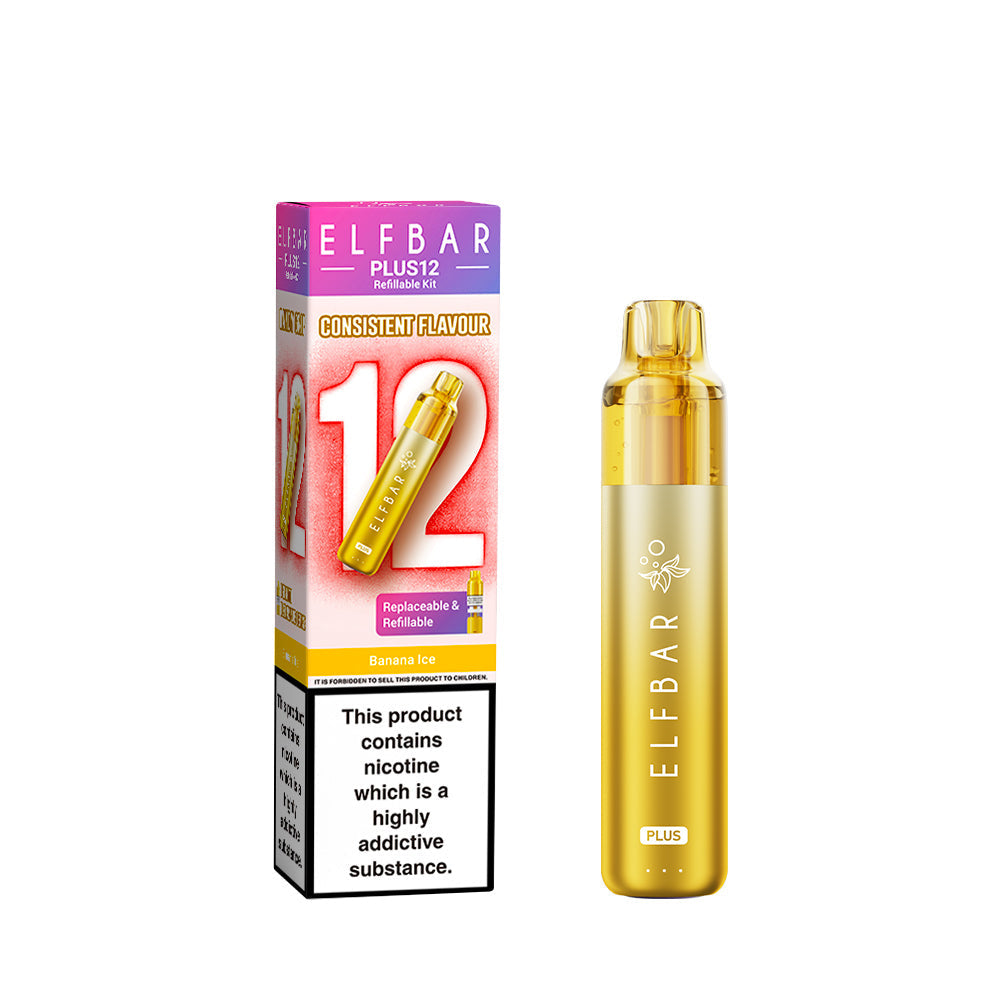 Elf Bar Plus 12 in Banana-Ice – long-lasting rechargeable vape with up to 12,000 puffs and smooth MTL performance.