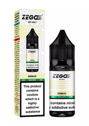 This image displays a product packaging for Zego Nic Salt E-Liquid, specifically the Banana Ice flavor. The packaging includes both a box and amll bottle clearly showing the product information.