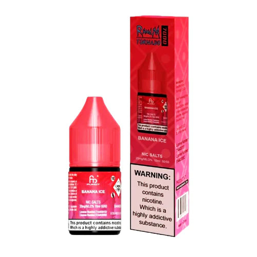 A product image showing a red bottle of Banana Ice R&M Nic Salt E Liquid with a warning label, alongside its packaging box.