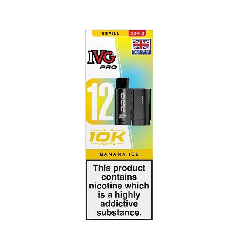IVG Pro 12 prefilled vape pods in Banana Ice flavor, offering a refreshing mint taste with a convenient disposable design