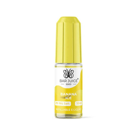 A bottle of Bar Juice 5000 e-liquid next to its packaging, which is predominantly yellow with branding and nicotine warning labels.