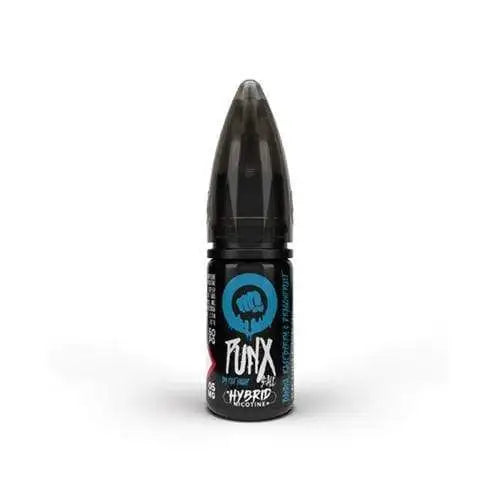 Bottle of Banana, Raspberry & Dragon Fruit Riot Squad Punx Nic Salts featuring vibrant packaging in yellow, red, and magenta tones, showcasing bold fruit illustrations of banana, raspberries, and dragon fruit along with prominent ‘Punx’ branding, designed for nicotine salt vape devices.