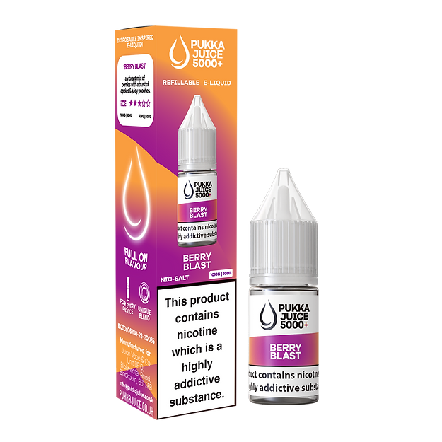 A bottle of Pukka Juice 5000+ Nic Salt E-Liquid in Berry Blast flavor, alongside its packaging that indicates the product contains nicotine and is addictive.