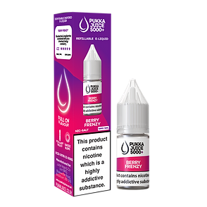 A bottle of Pukka Juice 5000+ Nic Salt E-Liquid in Berry Frenzy flavor, alongside its packaging which states the product contains nicotine. The packaging is purple with product information and branding.