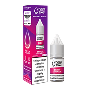 A bottle of Pukka Juice 5000+ Nic Salt E-Liquid in Berry Frenzy flavor, alongside its packaging which states the product contains nicotine. The packaging is purple with product information and branding.
