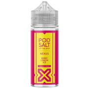 A bottle of Pod Salt Nexus Berry Lemon Ice e-liquid with a yellow and pink label, indicating a nicotine-free product with 70VG/30PG.