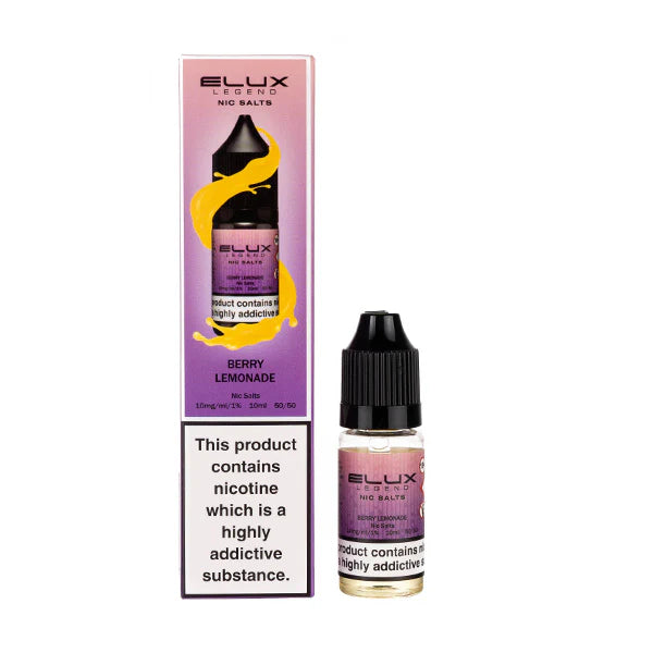 A bottle of Elux Legend nicotine salt e-liquid with a lemonade flavor, alongside its packaging which indicates the product contains nicotine.