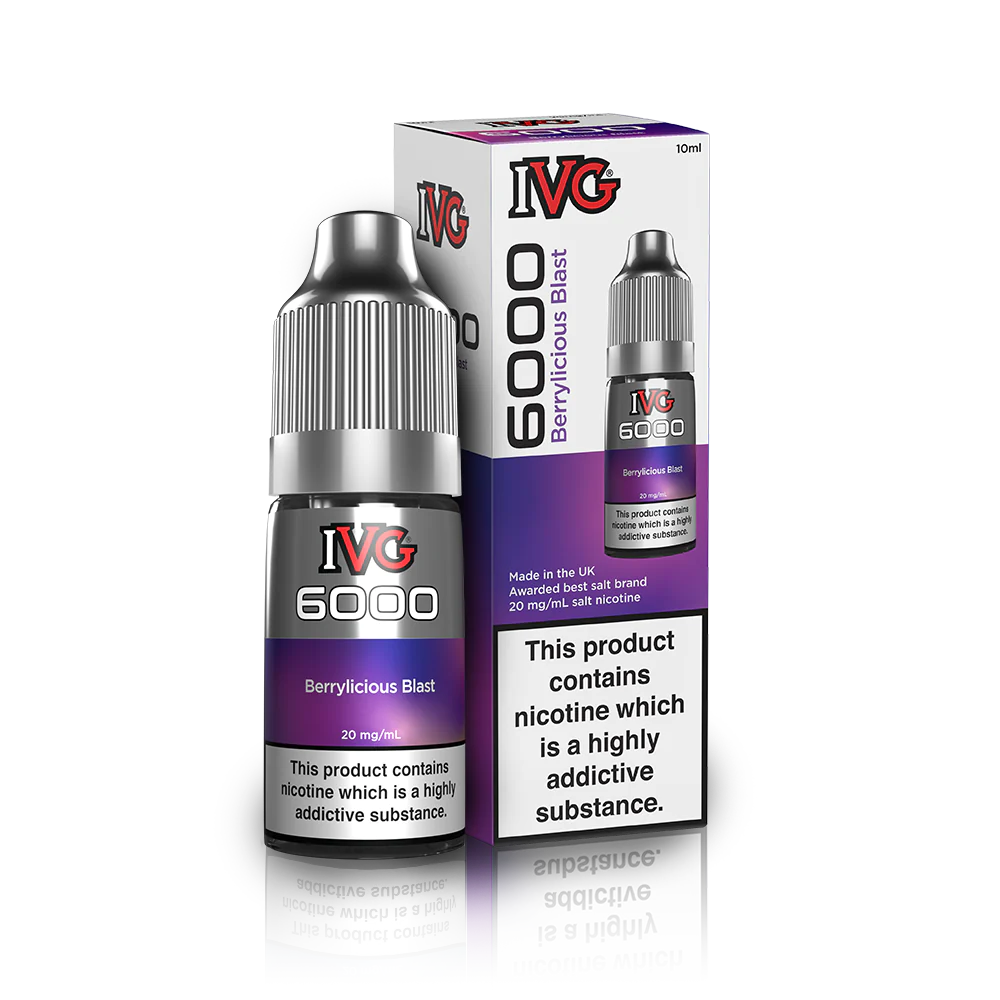 10ml bottle of IVG 6000 Nicotine Salt Vape Juice in Berrylicious Blast flavor, blending crisp green apple with an icy menthol twist; available in 10mg and 20mg strengths, featuring a smooth nic salt formula perfect for pod kits and mouth-to-lung vaping.