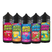 A collection of five Big Drip Shortfill E-Liquid bottles in various fruit flavors, including Cherry, Lemon, Raspberry, Blueberry, and Fruit.