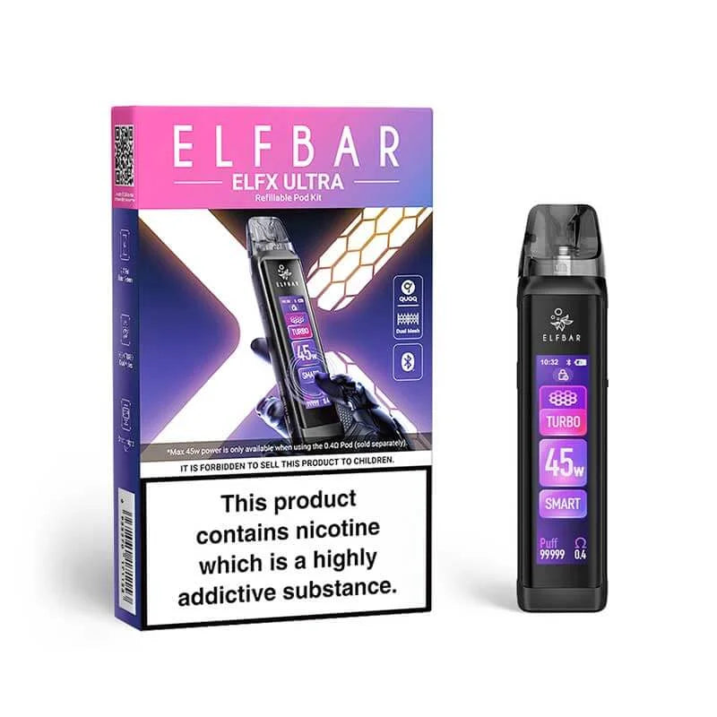 Elf Bar ElfX Ultra Pod Kit in Black – rechargeable pod vape device with refillable pods and sleek portable design.