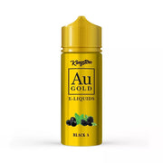 A gold-colored bottle of Kingston AU Gold E-liquids with a black label, featuring an image of gummy bears and the flavor Black A.