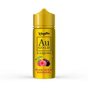 A bottle of Kingston AU Gold e-liquid with a label showing the brand name and the flavor, Black Cherry Raspberry, along with images of a black cherry and a raspberry.