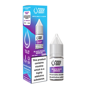 Packaging for Black Razz Breeze Pukka Juice 5000+ Nic Salt E-Liquid featuring a bottle illustration and flavor details.