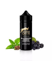A 100ml bottle of Arabian Oryx Blackberry Aniseed Menthol E-Liquid with a label featuring the brand name and product flavor, accompanied by images of blackberries and menthol leaves.