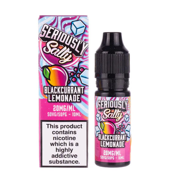 A 10ml bottle of Seriously Salty Blackcurrant Lemonade Nic Salt E-Liquid with a childproof cap, displayed next to its colorful packaging that features fruit graphics and branding details.