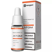 A product image featuring a box and a bottle of Hangsen Blackcurrant Ice e-liquid. The box is orange and white with product information, while the bottle displays the flavor and nicotine information.