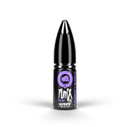 Bottle of Blackcurrant Watermelon Riot Squad Punx Nic Salts featuring deep purple‑red gradient packaging with bold blackcurrant clusters and watermelon slice graphics, accented by green highlights, with prominent ‘Punx’ branding—designed for nicotine salt vape devices.