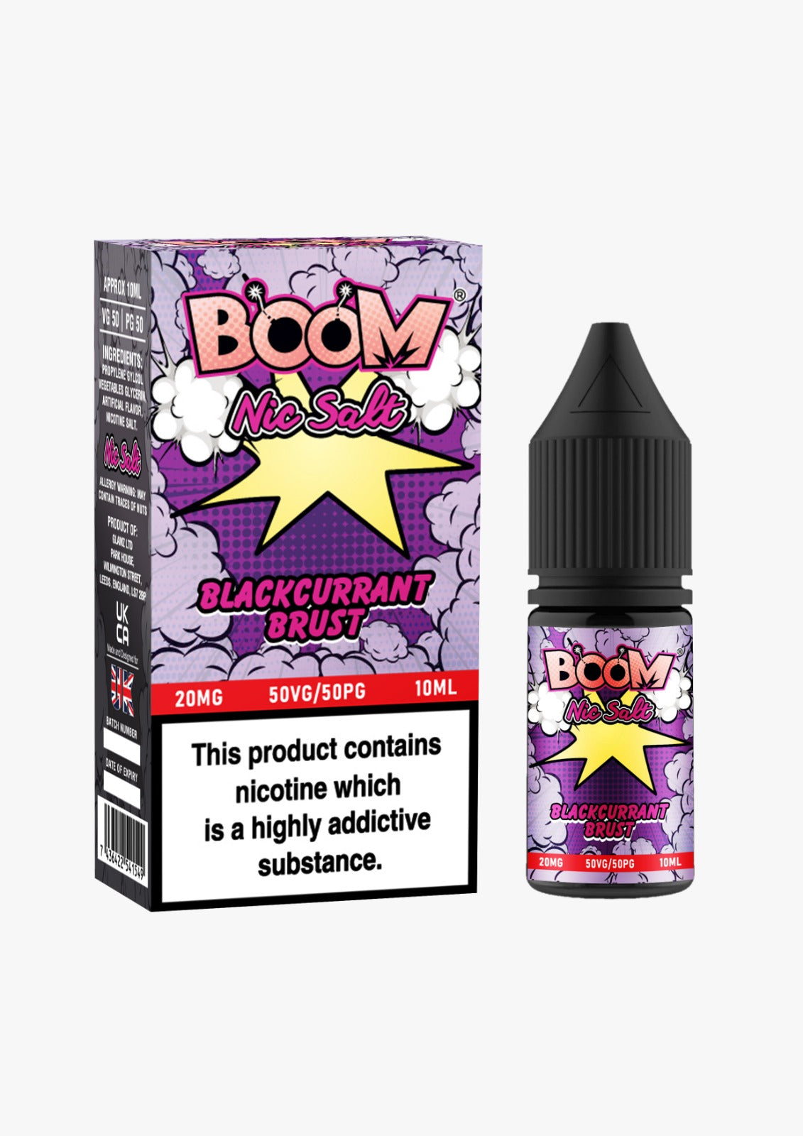 10ml bottle of Boom Nic Salt E-Liquid in Blackcurrant Burst flavor, 50/50 VG/PG ratio for balanced flavor and vapor, available in 10mg and 20mg nicotine salt strengths, perfect for pod kits.