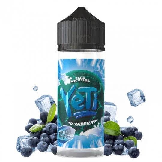 A 100ml bottle of Blueberry YETI e-liquid from the Blizzard Series, showing the product name and blueberry fruits around it.