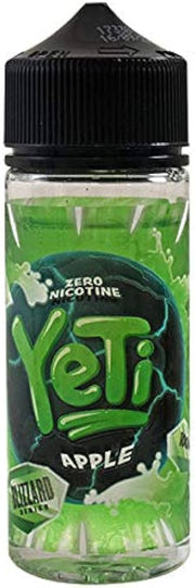 A 100ml bottle of YETI E-Liquid with an apple flavor theme, featuring a green color scheme and branding.
