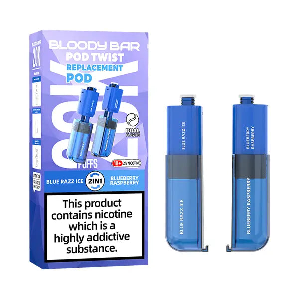 Pack of Bloody Bar Pod Twist 20K Prefilled Replacement Pods in Blue Razz Ice and Blueberry Raspberry flavors, offering a candy vape with smooth nicotine delivery; easy-to-use pods designed for rich flavor, consistent vapor, and hassle-free vaping.