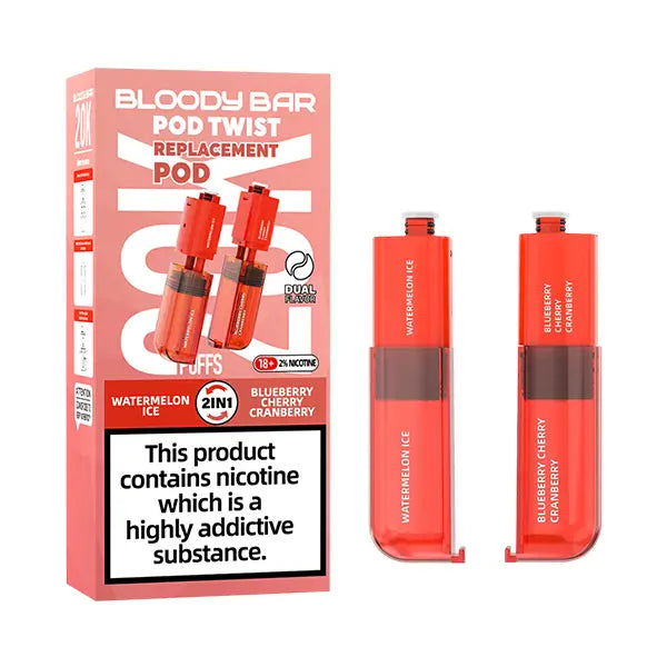 Pack of Bloody Bar Pod Twist 20K Prefilled Replacement Pods in Watermelon Ice and Blueberry Cherry Cranberry flavors, offering a candy vape with smooth nicotine delivery; easy-to-use pods designed for rich flavor, consistent vapor, and hassle-free vaping.