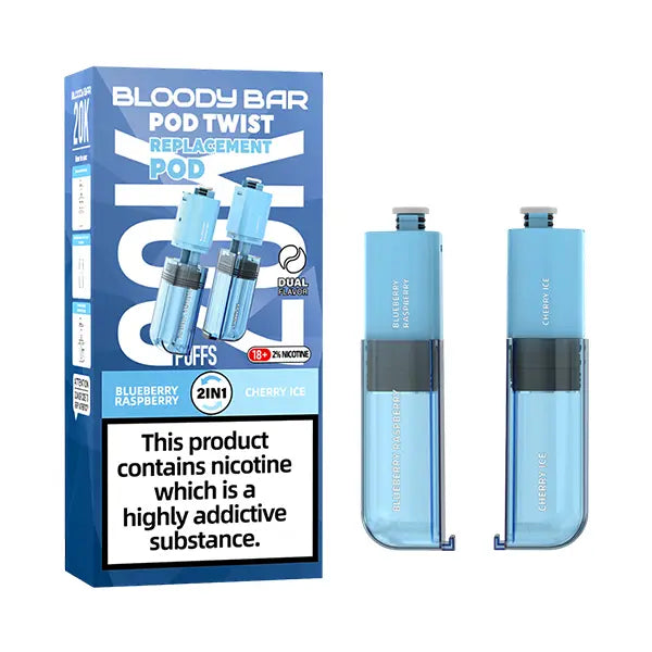 Pack of Bloody Bar Pod Twist 20K Prefilled Replacement Pods in Blueberry Raspberry and Cherry Ice flavors, offering a candy vape with smooth nicotine delivery; easy-to-use pods designed for rich flavor, consistent vapor, and hassle-free vaping.